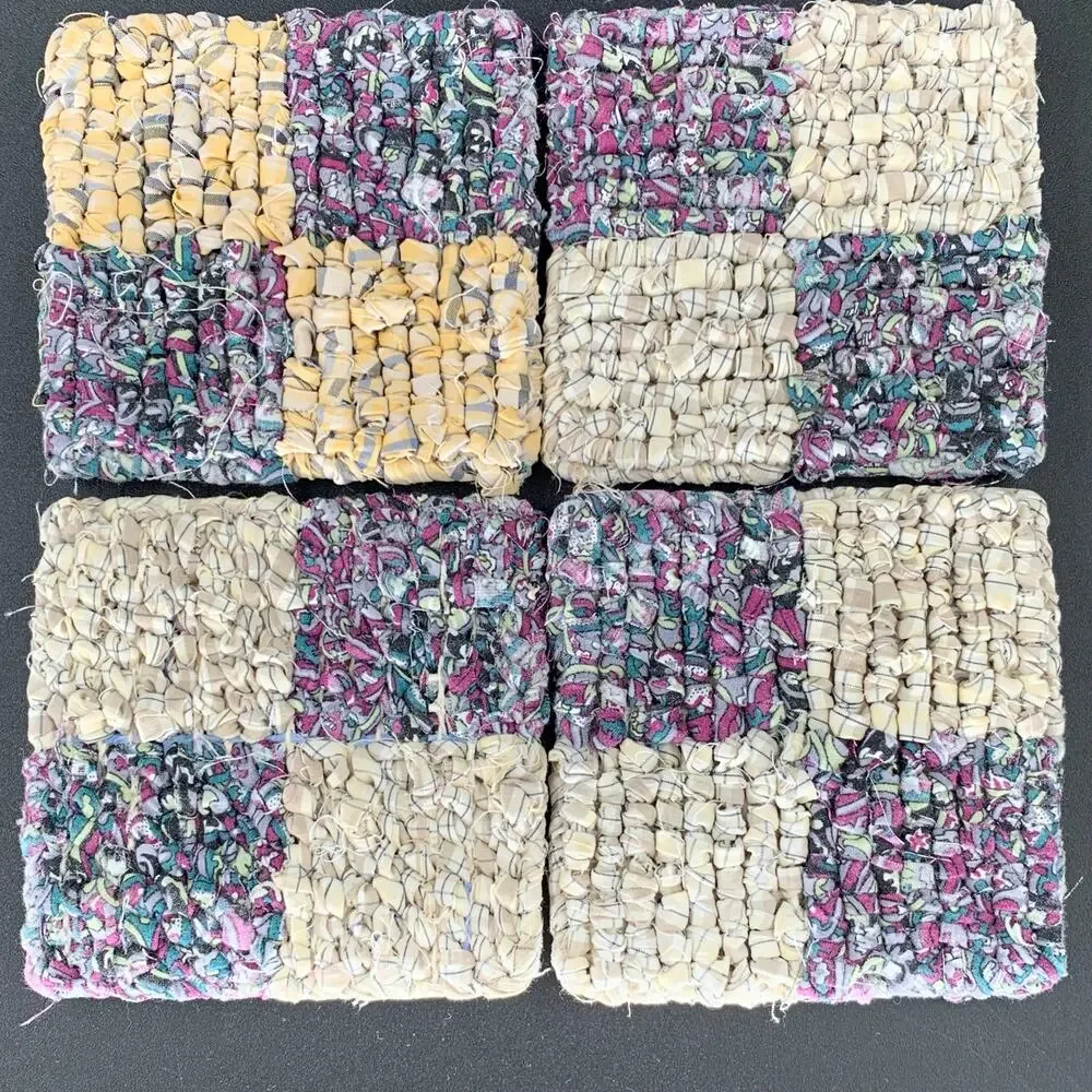 Drink Coaster Set Locker Hooking Handmade Yellow Purple Fabric Square Coasters